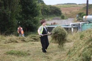 Volunteer in a striped shirt and yellow vest carrying a large pile of cut grass with a pitchfork, another person raking in the background, on a grassy site with utility equipment.