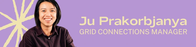 Cut out of woman with short Black hair on purple background next to text that says Ju Prakorbjanya Grid Connections Manager