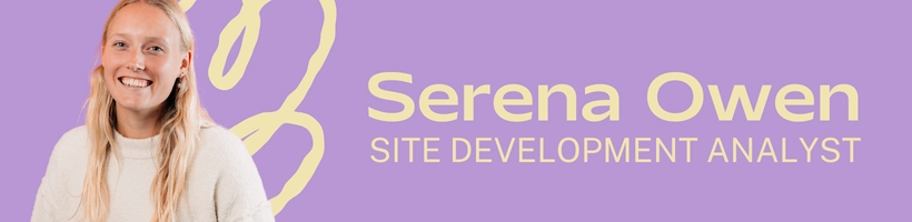 Cut out of woman with Blonde hair on purple background next to text that says Serena Owen Site Development Analyst