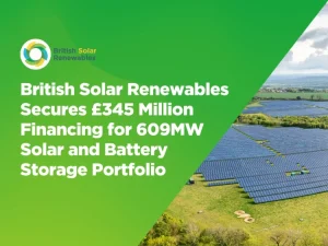 Aerial view of a solar farm with large fields of solar panels surrounded by green hedgerows, farmland, and woodlands under a partly cloudy sky.