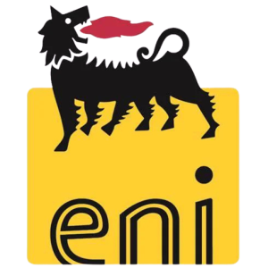 Logo for Eni, featuring a black six legged dog with a red flame coming from its mouth above the word 'eni' in lowercase, set on a yellow background.