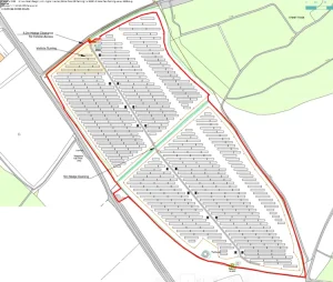Site plan map for Higher Wraxall Solar Park, showing rows of solar arrays within a red boundary line, surrounding fields, vehicle access, and hedge openings marked, with adjacent woodland and roads labeled.