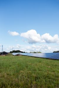 Rows of solar panels installed in a grassy field under a clear blue sky with scattered clouds.