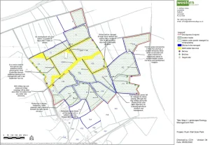 Landscape ecology management plan for Rush Wall Solar Park, showing fields outlined with coloured lines and annotated with habitat types, tracks, and management features according to a detailed legend.